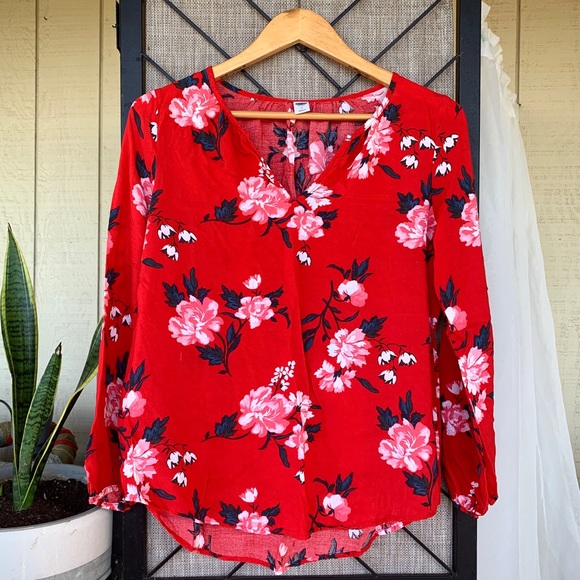 Old Navy Tops - Old Navy Red Floral Blouse, Medium